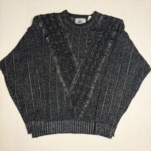 VTG Gabrielle Black Chunky Textured Knit Leather Trim Sweater Men's XL Dad